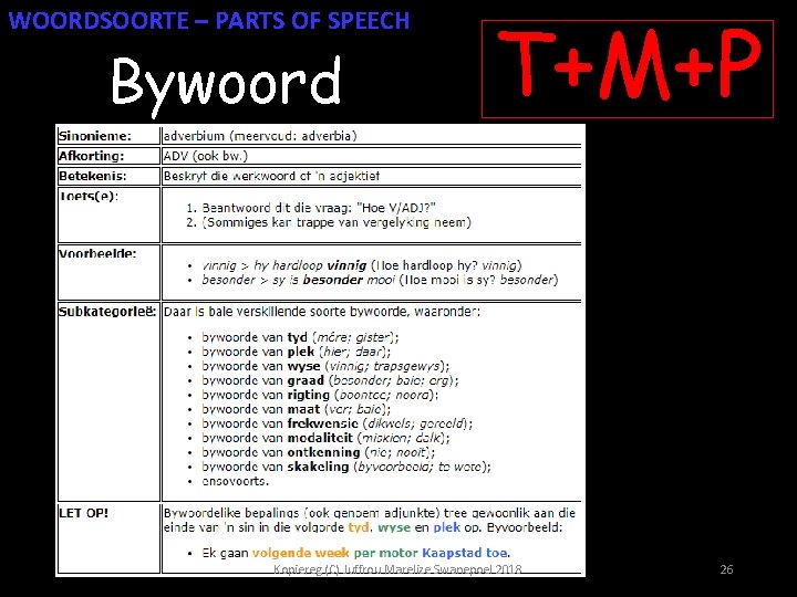 WOORDSOORTE – PARTS OF SPEECH Bywoord T+M+P Kopiereg (C) Juffrou Marelize Swanepoel 2018 26