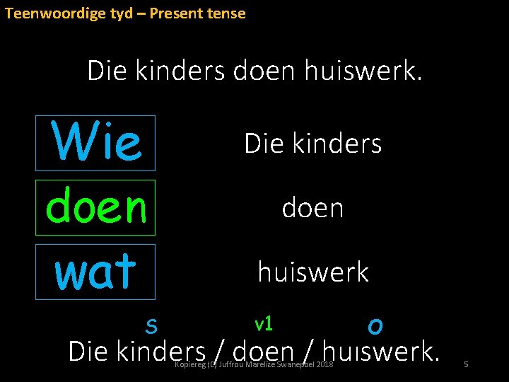 Teenwoordige tyd – Present tense Die kinders doen huiswerk. Wie Die kinders doen wat