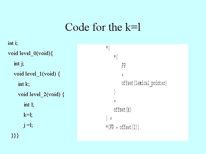 Code for the k=l int i; void level_0(void){ int j; void level_1(void) { int