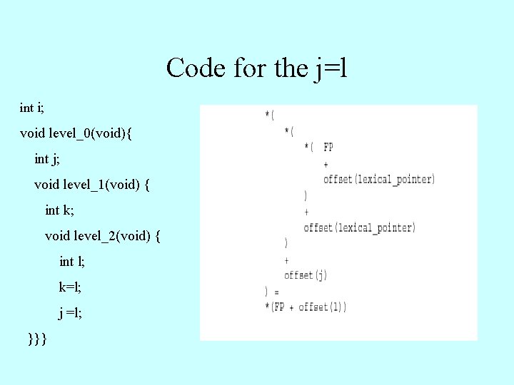 Code for the j=l int i; void level_0(void){ int j; void level_1(void) { int