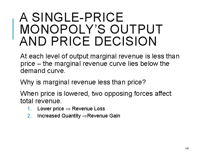 A SINGLE-PRICE MONOPOLY’S OUTPUT AND PRICE DECISION At each level of output marginal revenue