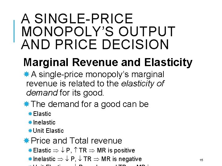 A SINGLE-PRICE MONOPOLY’S OUTPUT AND PRICE DECISION Marginal Revenue and Elasticity A single-price monopoly’s