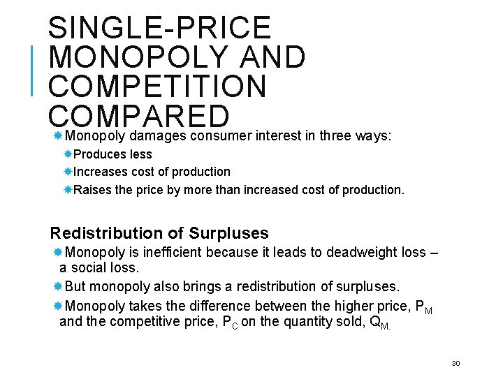 SINGLE-PRICE MONOPOLY AND COMPETITION COMPARED Monopoly damages consumer interest in three ways: Produces less