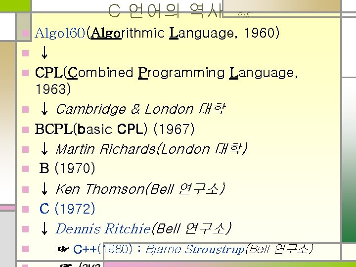 C 언어의 역사 n n n P 15 Algol 60(Algorithmic Language, 1960) ↓ CPL(Combined