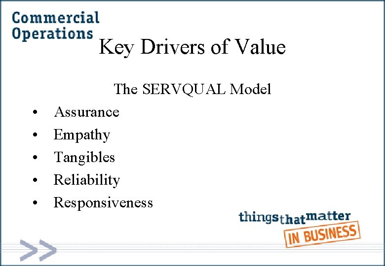 Key Drivers of Value • • • The SERVQUAL Model Assurance Empathy Tangibles Reliability
