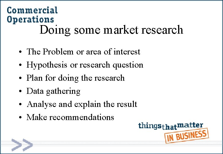 Doing some market research • • • The Problem or area of interest Hypothesis