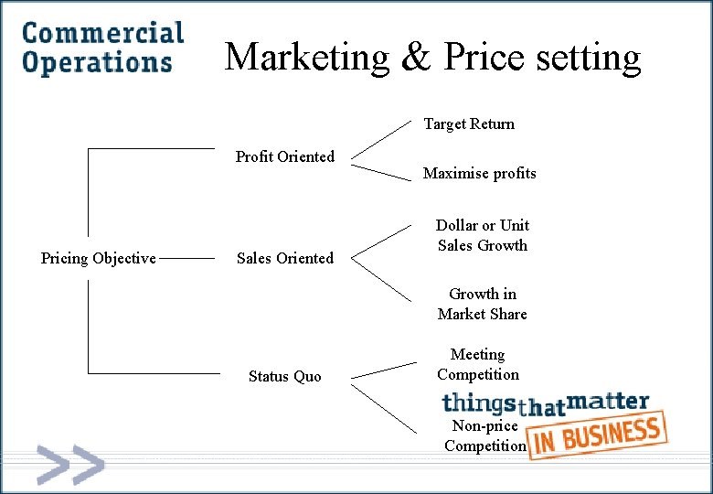 Marketing & Price setting Target Return Profit Oriented Pricing Objective Sales Oriented Maximise profits