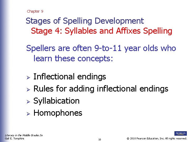 Chapter 9 Stages of Spelling Development Stage 4: Syllables and Affixes Spelling Spellers are