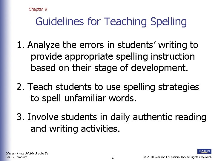 Chapter 9 Guidelines for Teaching Spelling 1. Analyze the errors in students’ writing to