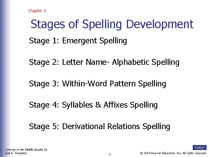 Chapter 9 Stages of Spelling Development Stage 1: Emergent Spelling Stage 2: Letter Name-