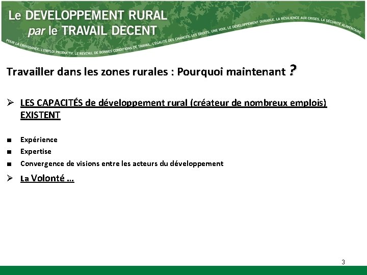 Travailler dans les zones rurales : Pourquoi maintenant ? Ø LES CAPACITÉS de développement