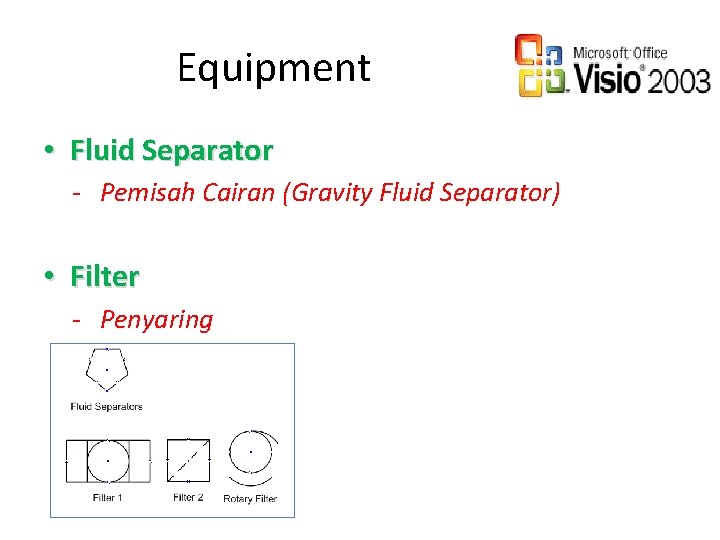 Equipment • Fluid Separator - Pemisah Cairan (Gravity Fluid Separator) • Filter - Penyaring