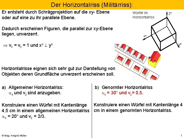 Der Horizontalriss (Militärriss): Er entsteht durch Schrägprojektion auf die xy- Ebene oder auf eine