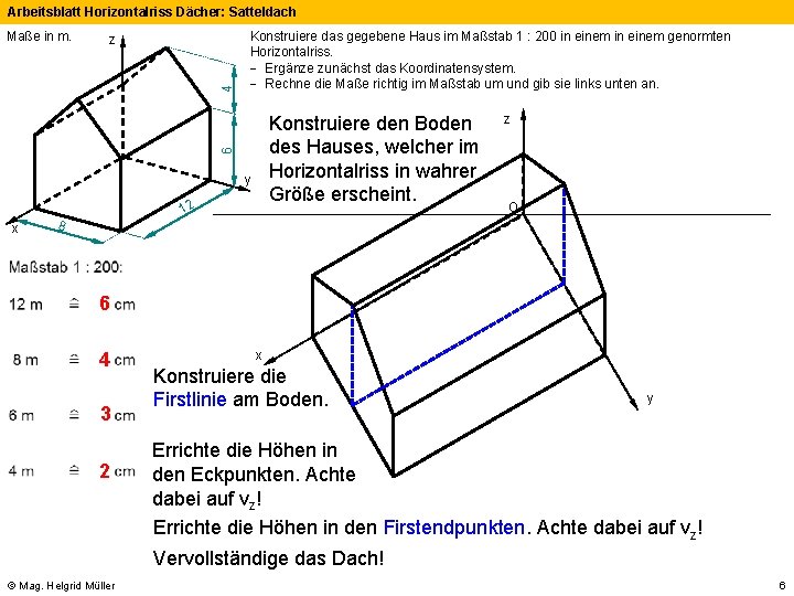 Arbeitsblatt Horizontalriss Dächer: Satteldach z Konstruiere das gegebene Haus im Maßstab 1 : 200