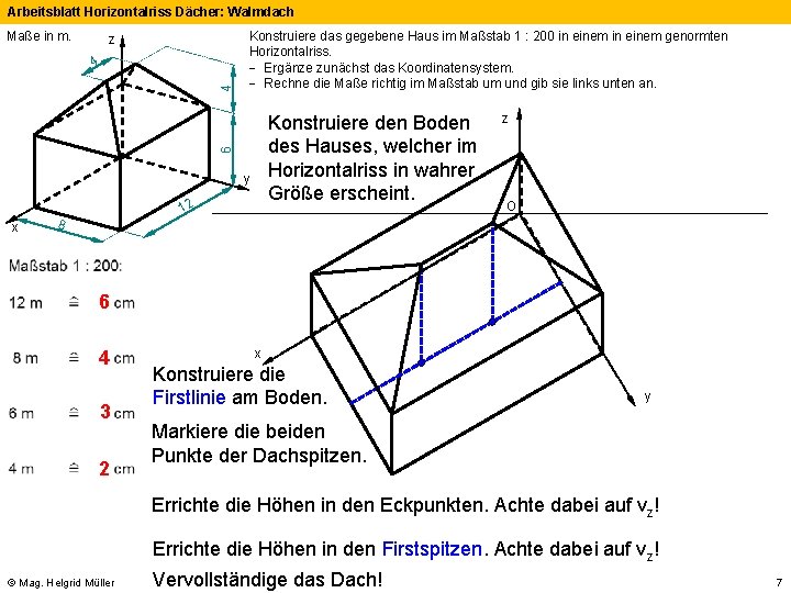 Arbeitsblatt Horizontalriss Dächer: Walmdach Maße in m. z Konstruiere den Boden des Hauses, welcher
