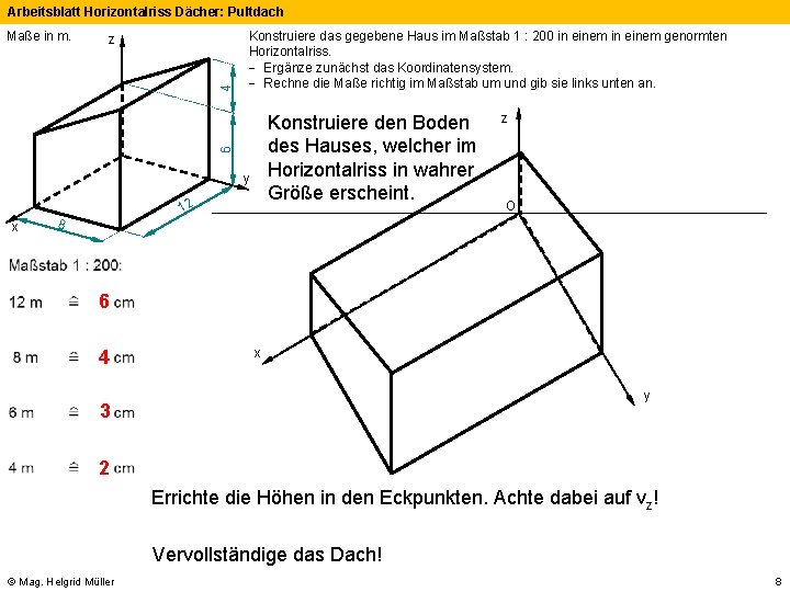 Arbeitsblatt Horizontalriss Dächer: Pultdach z Konstruiere das gegebene Haus im Maßstab 1 : 200