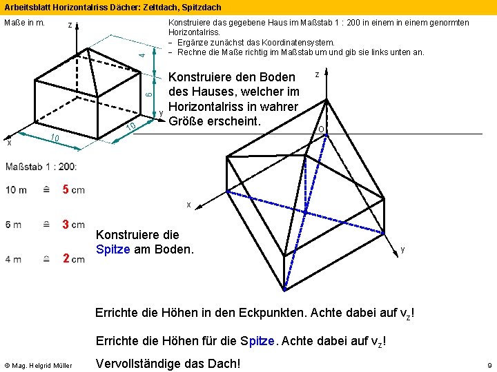 Arbeitsblatt Horizontalriss Dächer: Zeltdach, Spitzdach Maße in m. Konstruiere das gegebene Haus im Maßstab