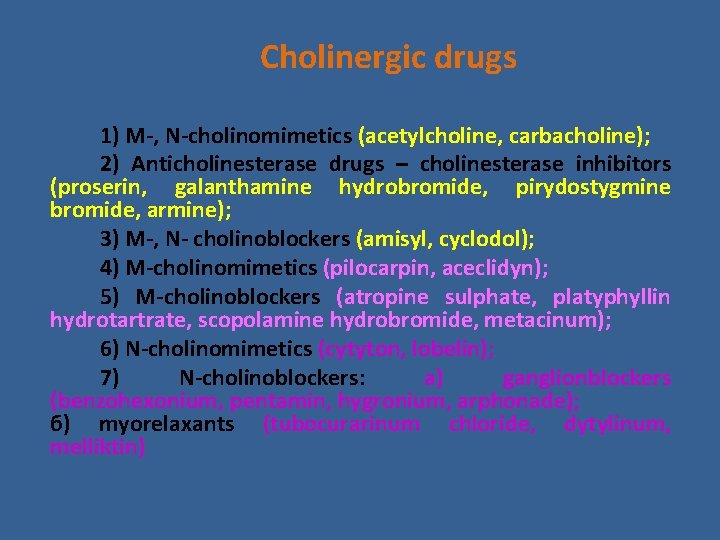 Cholinergic drugs 1) M-, N-cholinomimetics (acetylcholine, carbacholine); 2) Anticholinesterase drugs – cholinesterase inhibitors (proserin, Cholinergic drugs 1) M-, N-cholinomimetics (acetylcholine, carbacholine); 2) Anticholinesterase drugs – cholinesterase inhibitors (proserin,