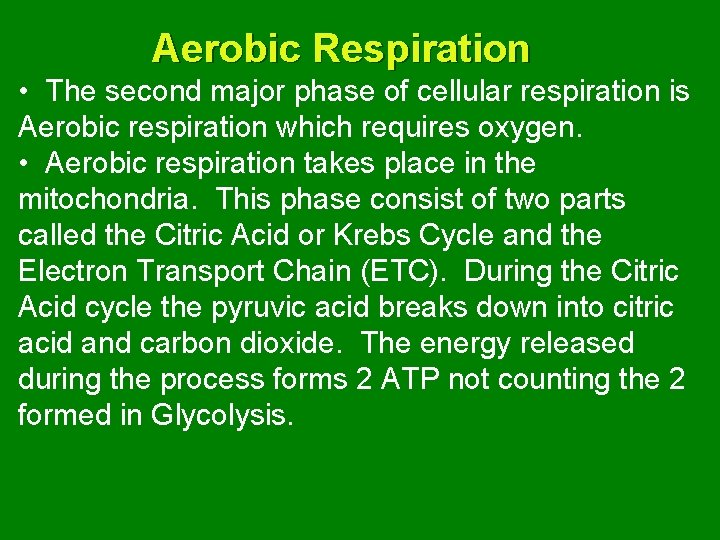 Aerobic Respiration • The second major phase of cellular respiration is Aerobic respiration which