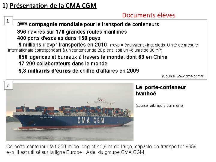 1) Présentation de la CMA CGM 1 Documents élèves 3ème compagnie mondiale pour le