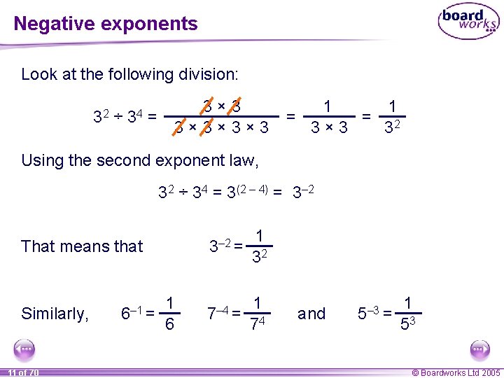 Negative exponents Look at the following division: 3× 3× 3× 3 32 ÷ 3