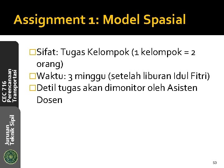 Assignment 1: Model Spasial orang) �Waktu: 3 minggu (setelah liburan Idul Fitri) �Detil tugas