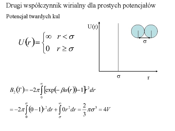 Drugi współczynnik wirialny dla prostych potencjałów Potencjał twardych kul U(r) s s r 