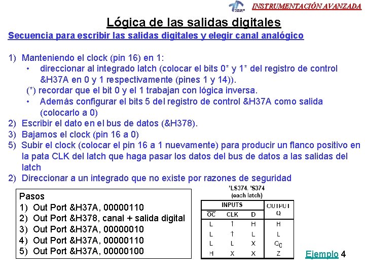 INSTRUMENTACIÓN AVANZADA Lógica de las salidas digitales Secuencia para escribir las salidas digitales y