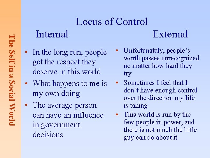 Locus of Control The Self in a Social World Internal • In the long