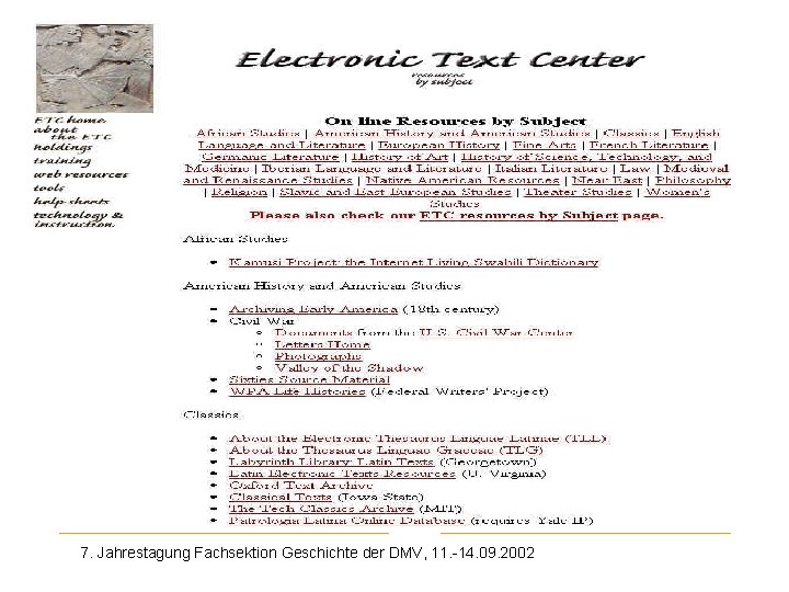 ETC Yale 7. Jahrestagung Fachsektion Geschichte der DMV, 11. -14. 09. 2002 