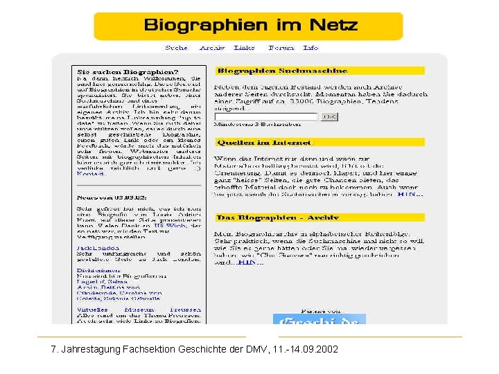 Biographien im Netz 7. Jahrestagung Fachsektion Geschichte der DMV, 11. -14. 09. 2002 