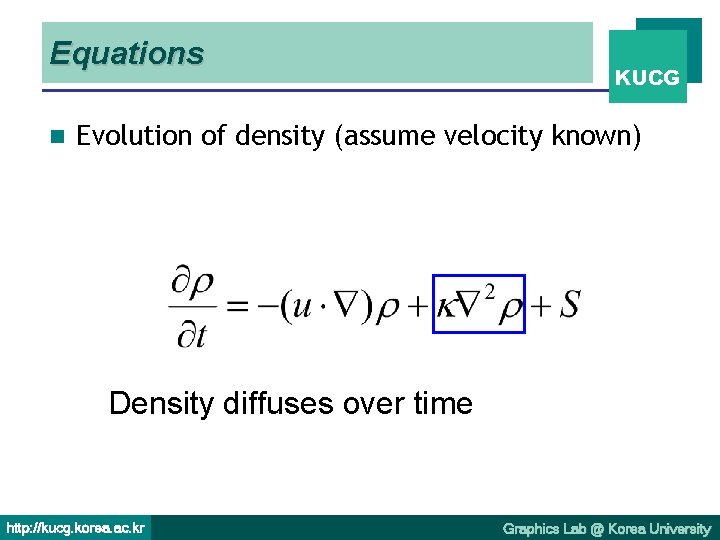 Equations n KUCG Evolution of density (assume velocity known) Density diffuses over time http: