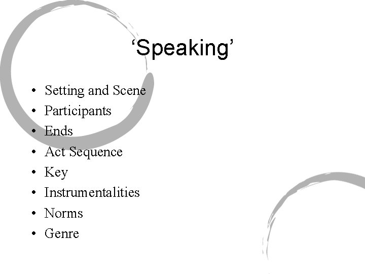 ‘Speaking’ • • Setting and Scene Participants Ends Act Sequence Key Instrumentalities Norms Genre