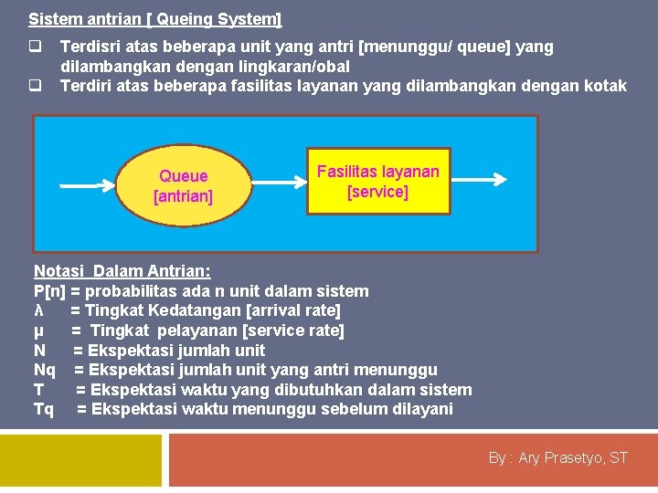 Sistem antrian [ Queing System] q q Terdisri atas beberapa unit yang antri [menunggu/