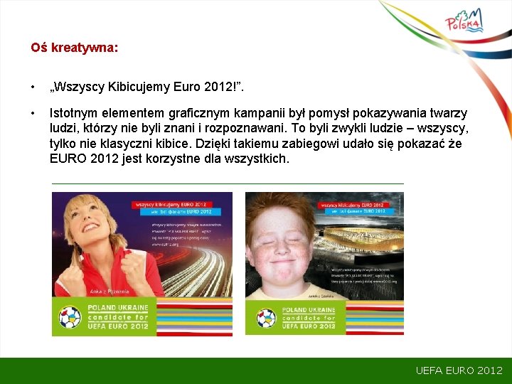 Oś kreatywna: • „Wszyscy Kibicujemy Euro 2012!”. • Istotnym elementem graficznym kampanii był pomysł