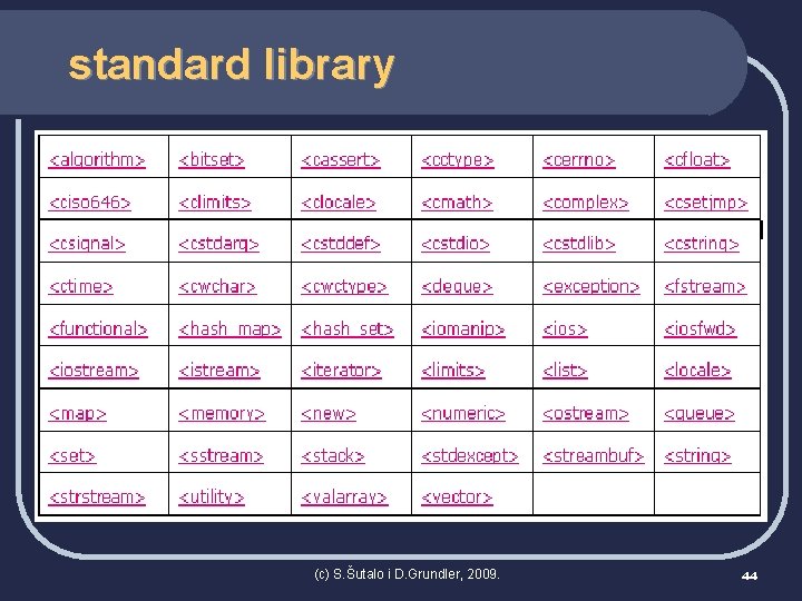 standard library (c) S. Šutalo i D. Grundler, 2009. 44 