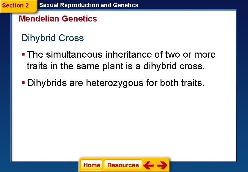 Section 2 Sexual Reproduction and Genetics Mendelian Genetics Dihybrid Cross § The simultaneous inheritance