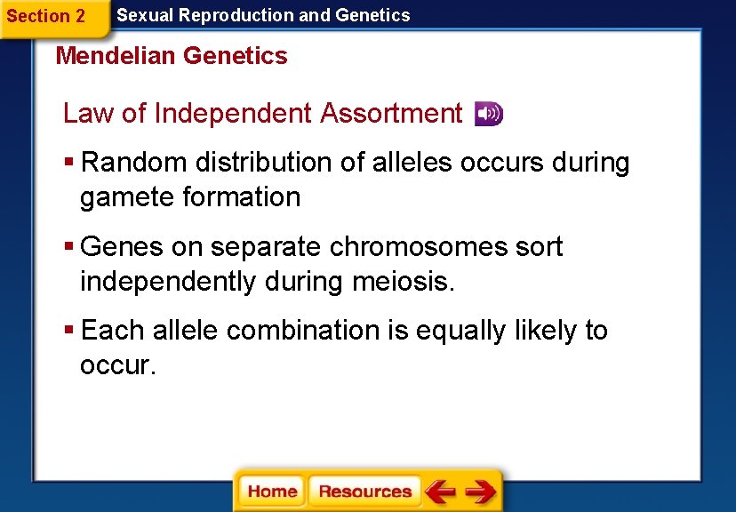 Section 2 Sexual Reproduction and Genetics Mendelian Genetics Law of Independent Assortment § Random