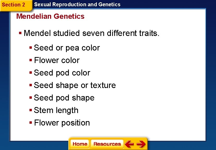 Section 2 Sexual Reproduction and Genetics Mendelian Genetics § Mendel studied seven different traits.