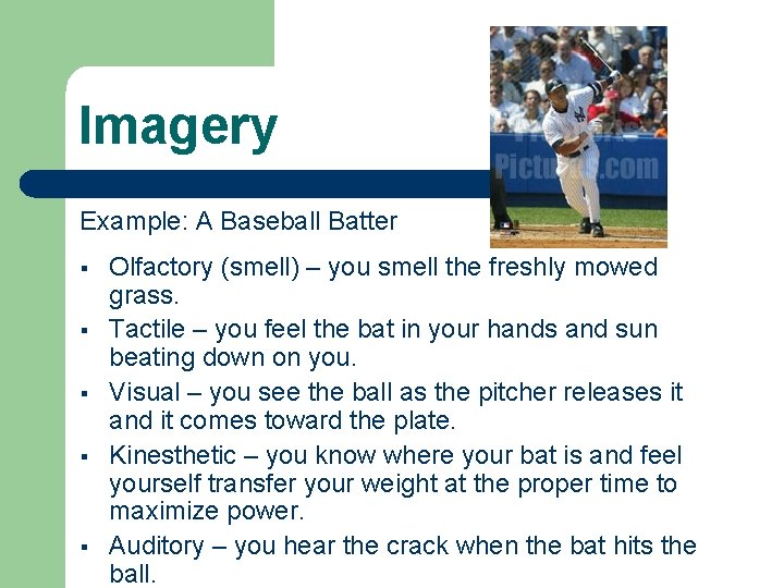 Imagery Example: A Baseball Batter § § § Olfactory (smell) – you smell the