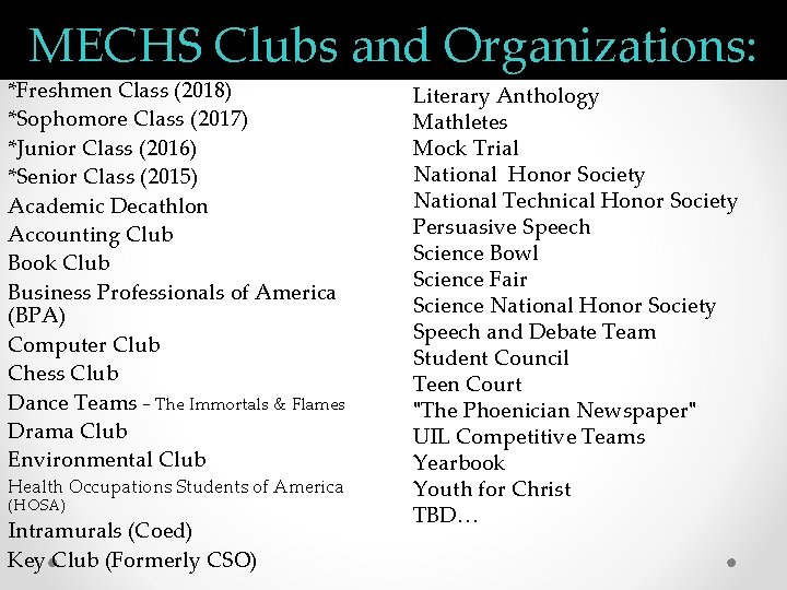 MECHS Clubs and Organizations: *Freshmen Class (2018) *Sophomore Class (2017) *Junior Class (2016) *Senior