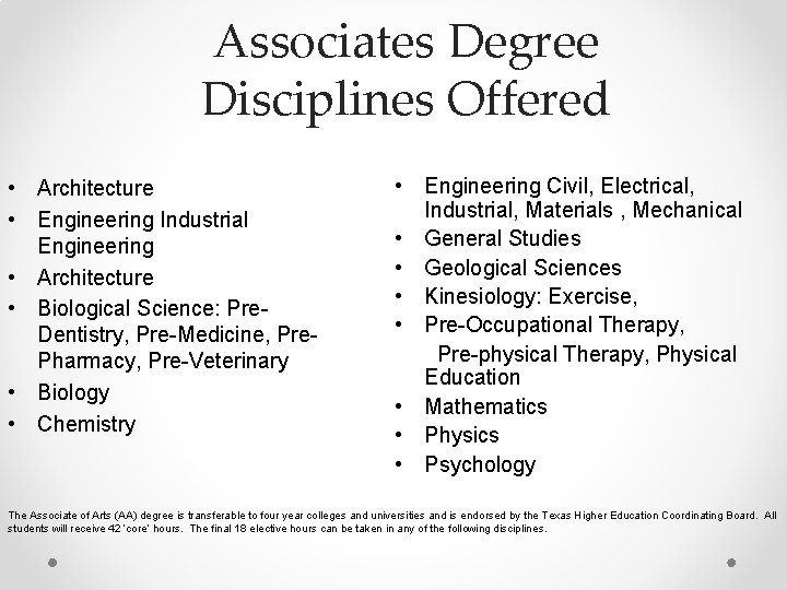 Associates Degree Disciplines Offered • Architecture • Engineering Industrial Engineering • Architecture • Biological