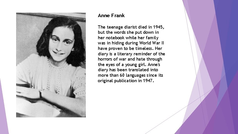 Anne Frank The teenage diarist died in 1945, but the words she put down