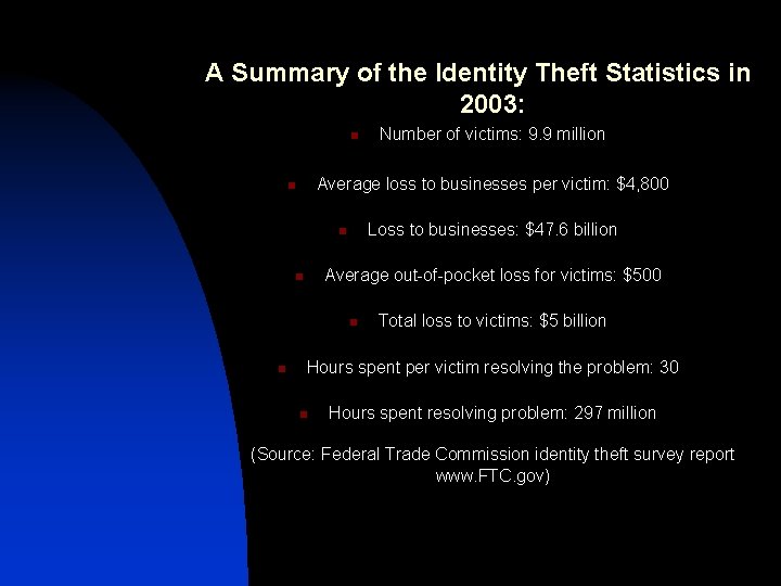 A Summary of the Identity Theft Statistics in 2003: n Average loss to businesses
