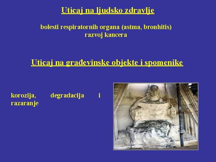 Uticaj na ljudsko zdravlje bolesti respiratornih organa (astma, bronhitis) razvoj kancera Uticaj na građevinske