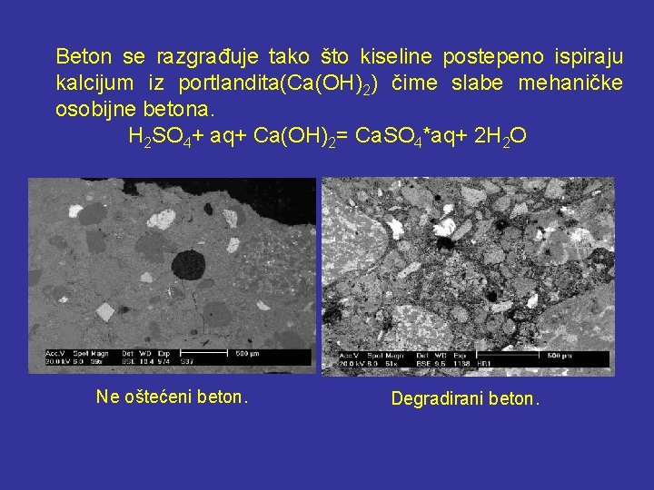 Beton se razgrađuje tako što kiseline postepeno ispiraju kalcijum iz portlandita(Ca(OH)2) čime slabe mehaničke