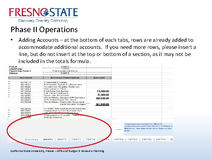 Phase II Operations • Adding Accounts – at the bottom of each tabs, rows