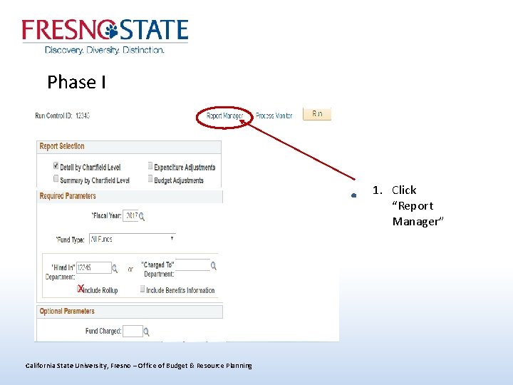 Phase I 1. Click “Report Manager” X California State University, Fresno – Office of