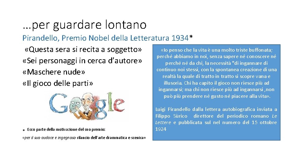 …per guardare lontano Pirandello, Premio Nobel della Letteratura 1934* «Io penso che la vita