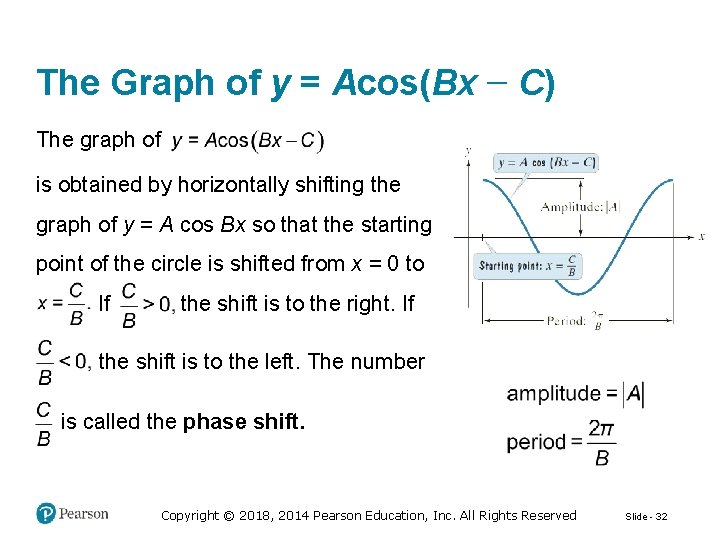 The Graph of y = Acos(Bx − C) The graph of is obtained by